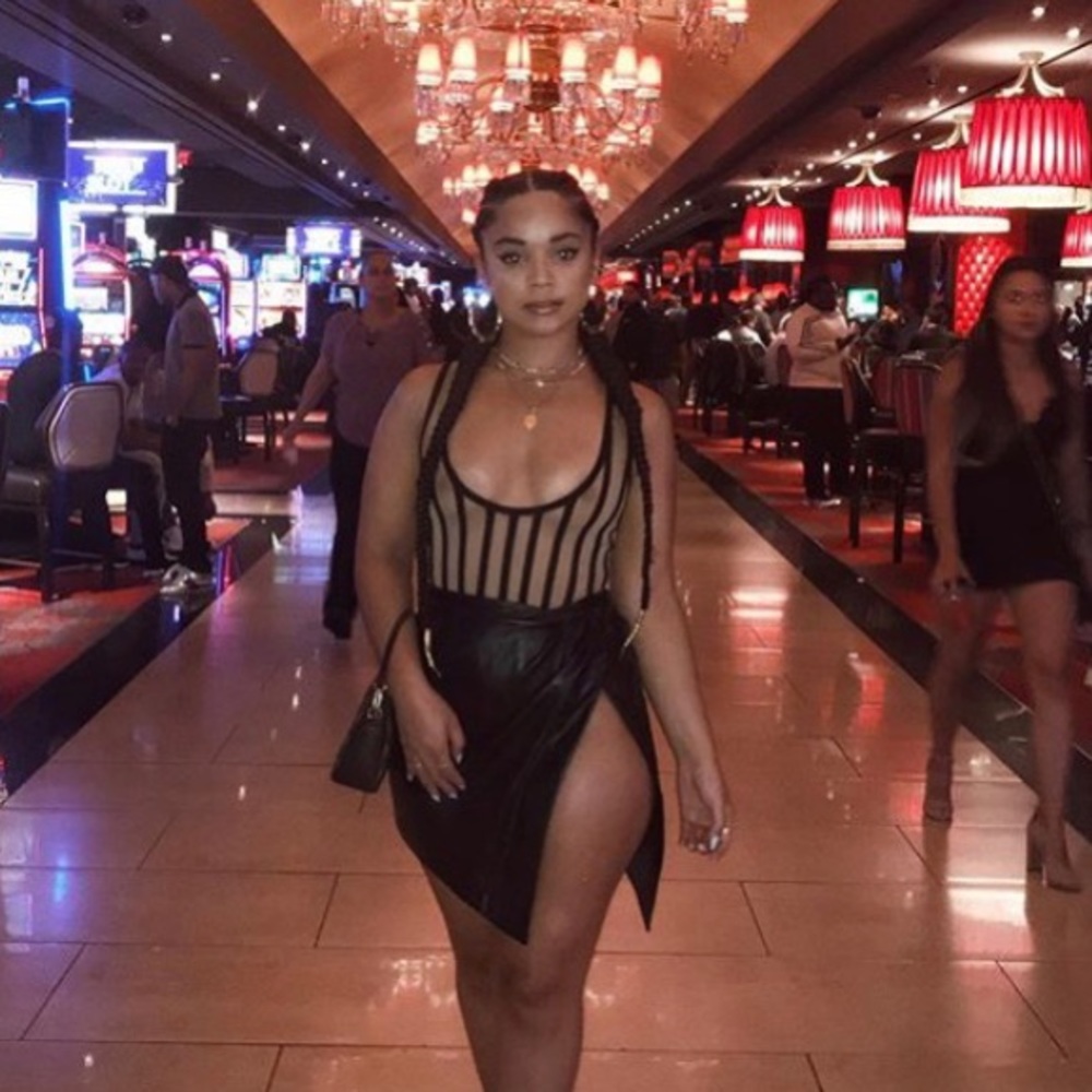 See through striped House of CB leotard.